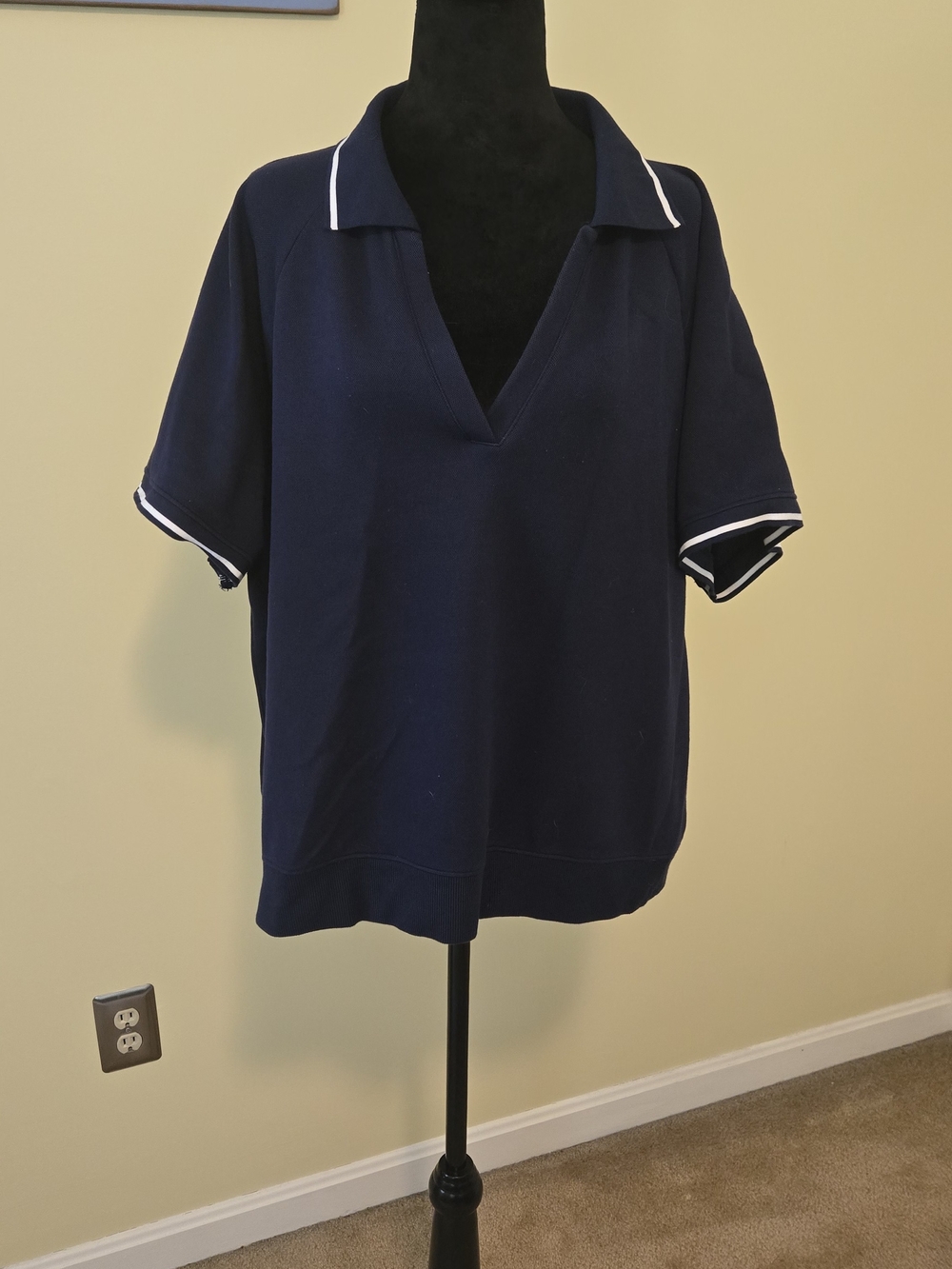SPANX Navy Short Sleeve Polo V-Neck Top with White Trim